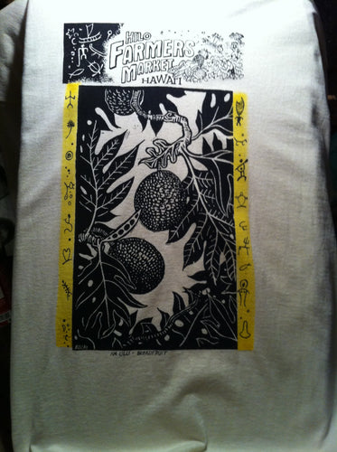 Hilo Farmer's Market (ʻUlu) - a hand printed and hand colored shirt